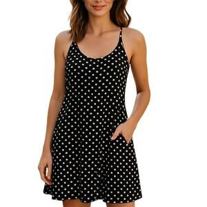Twin Medium Women's Sleeveless Black Dot Maxi Sun Dress Miss Size 8 10 M